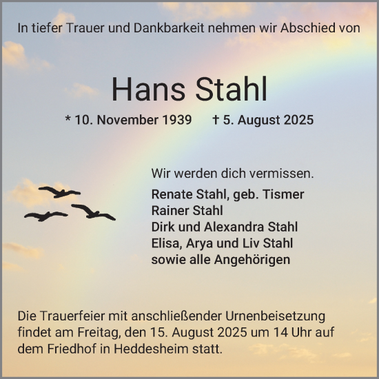 Traueranzeige von Hans Stahl von Mannheimer Morgen