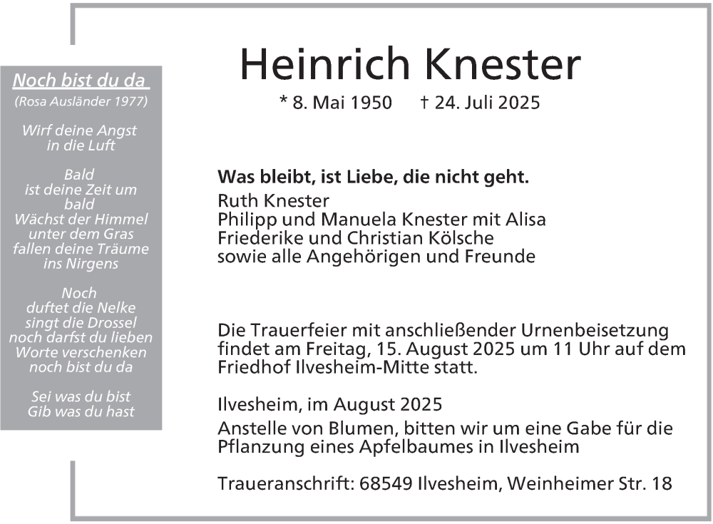  Traueranzeige für Heinrich Knester vom 09.08.2025 aus Mannheimer Morgen