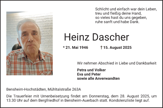 Traueranzeige von Heinz Dascher von Bergsträßer Anzeiger