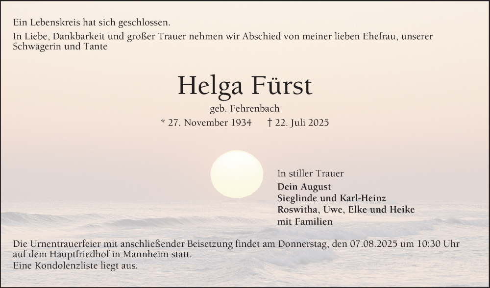  Traueranzeige für Helga Fürst vom 02.08.2025 aus Mannheimer Morgen