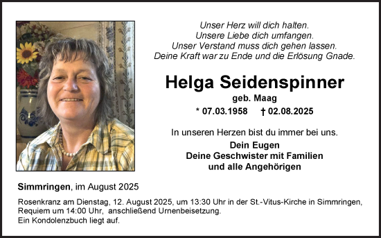 Traueranzeige von Helga Seidenspinner von Fränkische Nachrichten