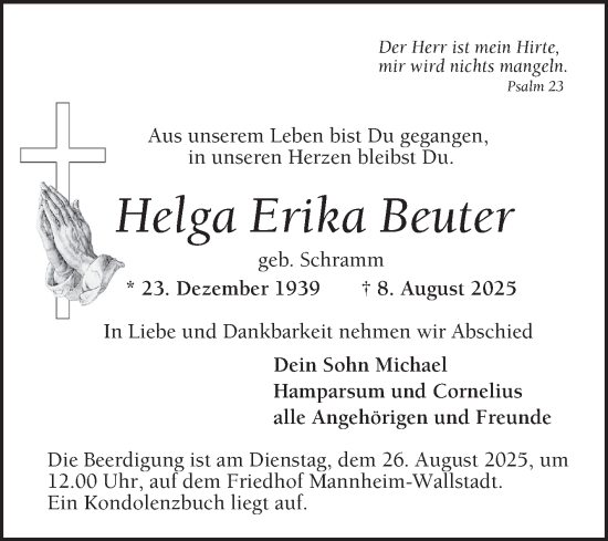 Traueranzeige von Helga Erika Beuter von Mannheimer Morgen
