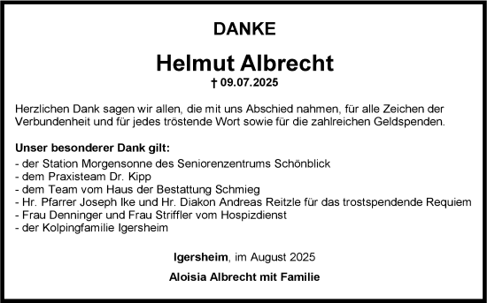 Traueranzeige von Helmut Albrecht von Fränkische Nachrichten