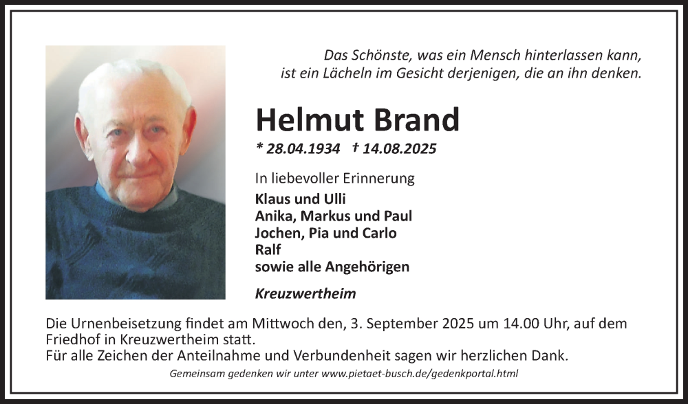  Traueranzeige für Helmut Brand vom 30.08.2025 aus Fränkische Nachrichten