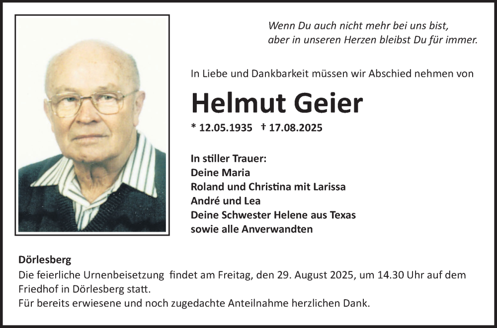  Traueranzeige für Helmut Geier vom 27.08.2025 aus Fränkische Nachrichten