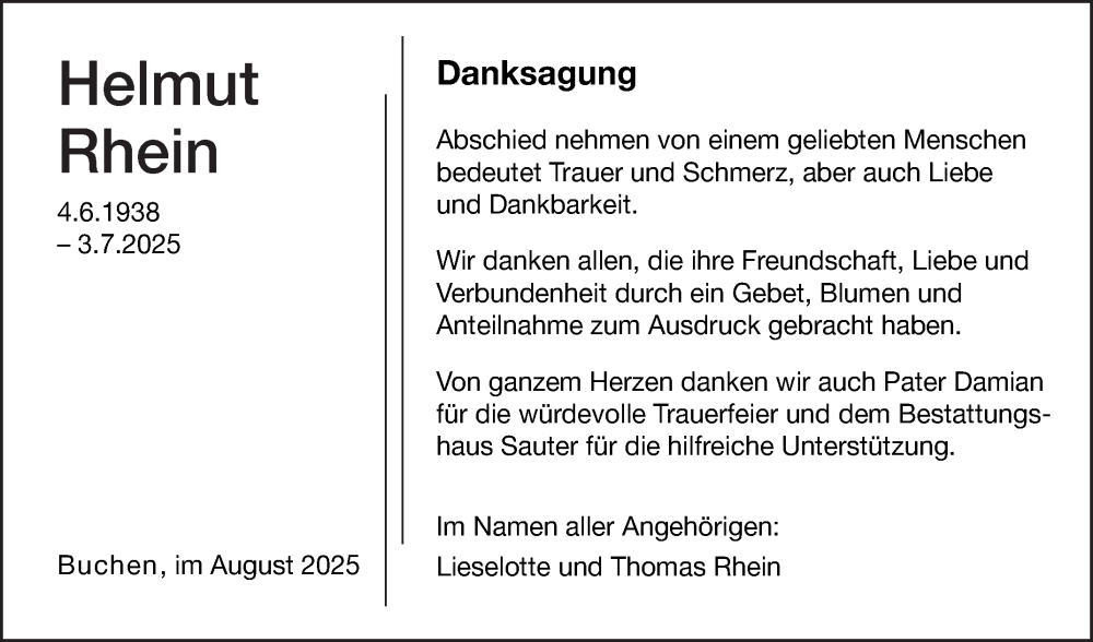  Traueranzeige für Helmut Rhein vom 30.08.2025 aus Fränkische Nachrichten