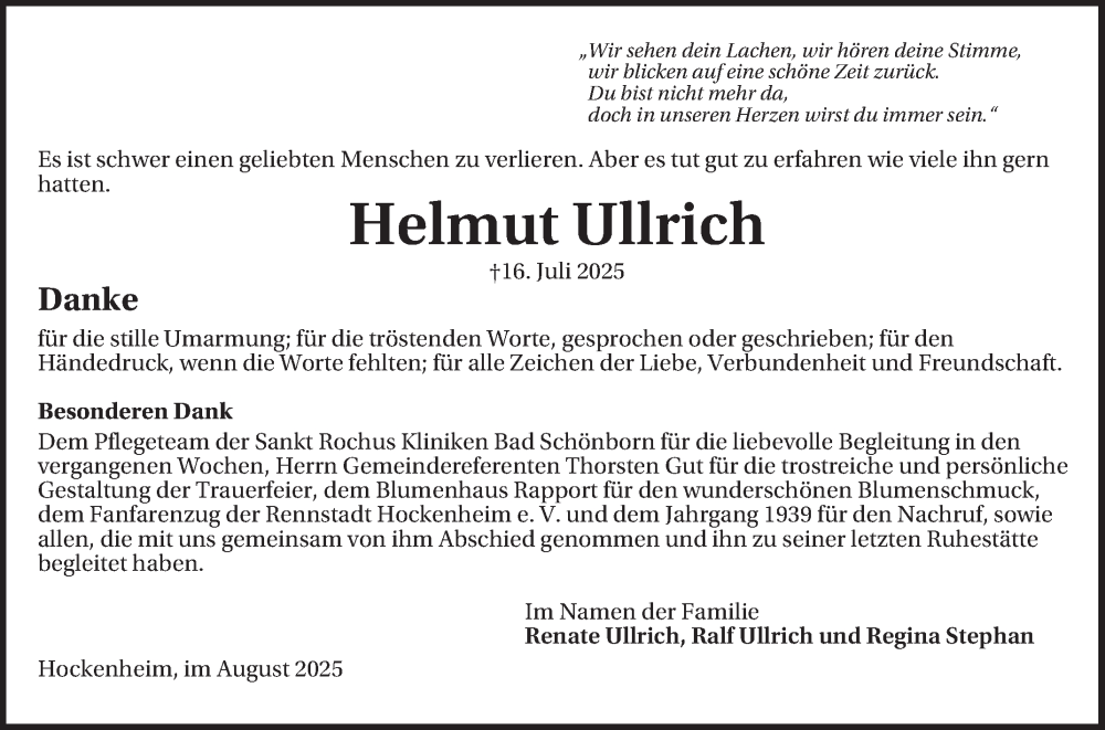  Traueranzeige für Helmut Ullrich vom 02.08.2025 aus Schwetzinger Zeitung
