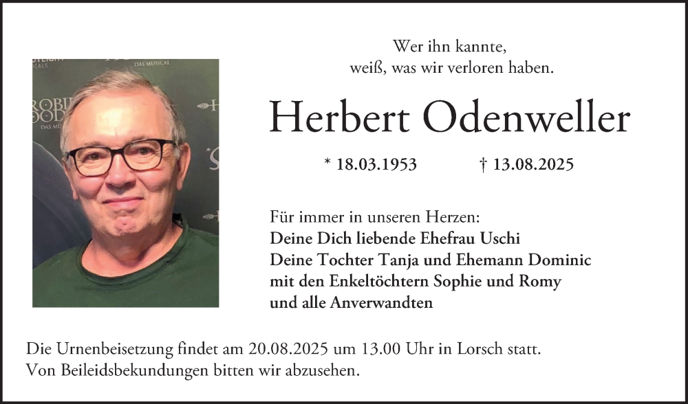  Traueranzeige für Herbert Odenweller vom 16.08.2025 aus Bergsträßer Anzeiger