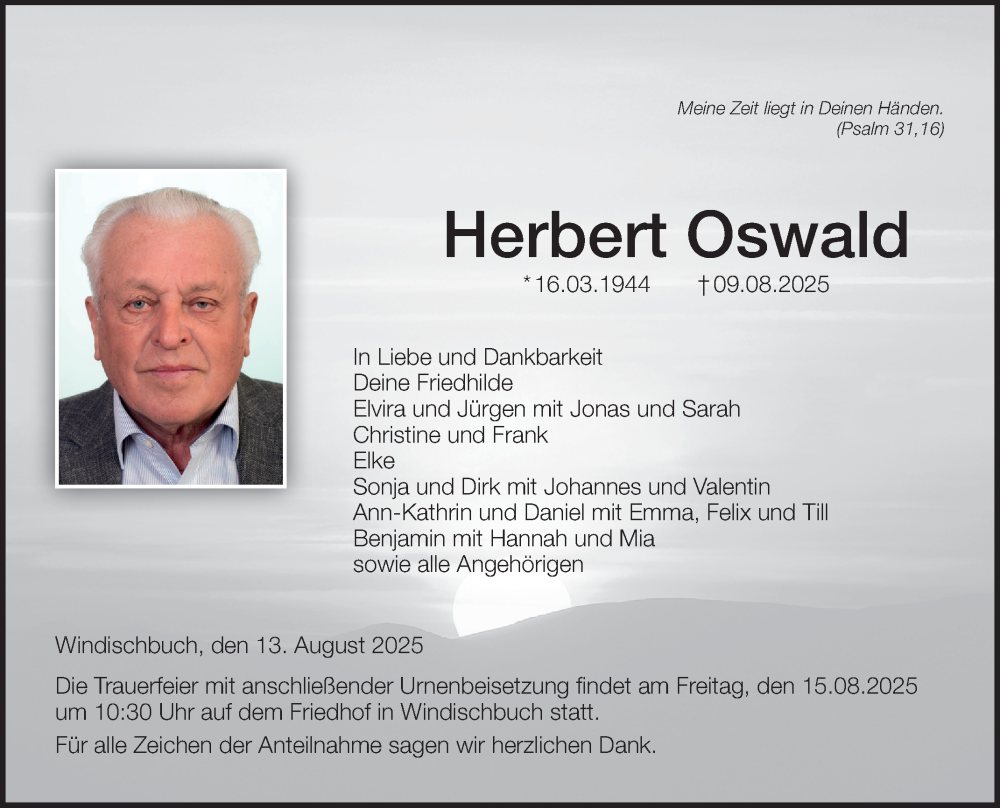  Traueranzeige für Herbert Oswald vom 13.08.2025 aus Fränkische Nachrichten