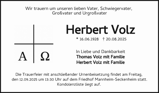 Traueranzeige von Herbert Volz von Mannheimer Morgen
