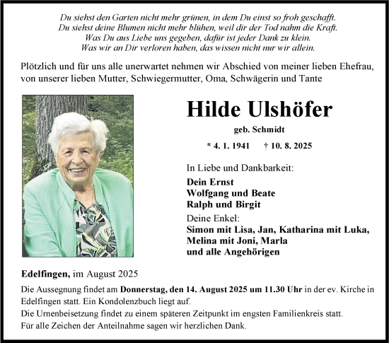 Traueranzeige von Hilde Ulshöfer von Fränkische Nachrichten