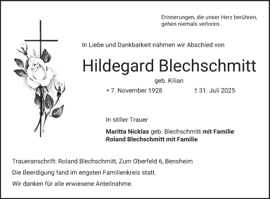 Traueranzeige von Hildegard Blechschmitt von Bergsträßer Anzeiger