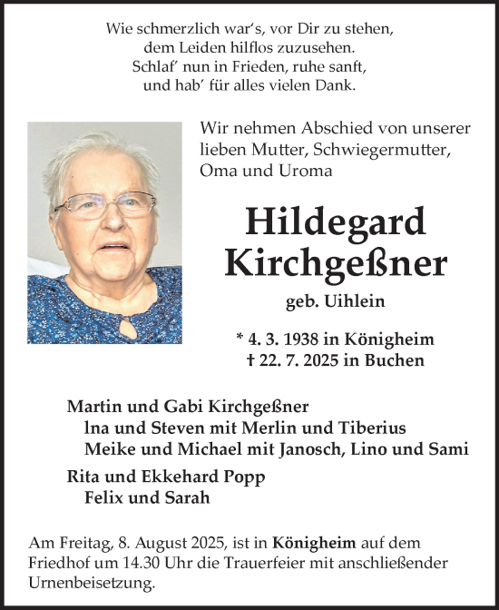 Traueranzeige von Hildegard Kirchgeßner von Fränkische Nachrichten