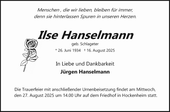 Traueranzeige von Ilse Hanselmann von Schwetzinger Zeitung