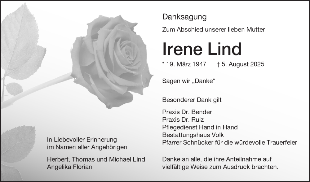  Traueranzeige für Irene Lind vom 23.08.2025 aus Fränkische Nachrichten
