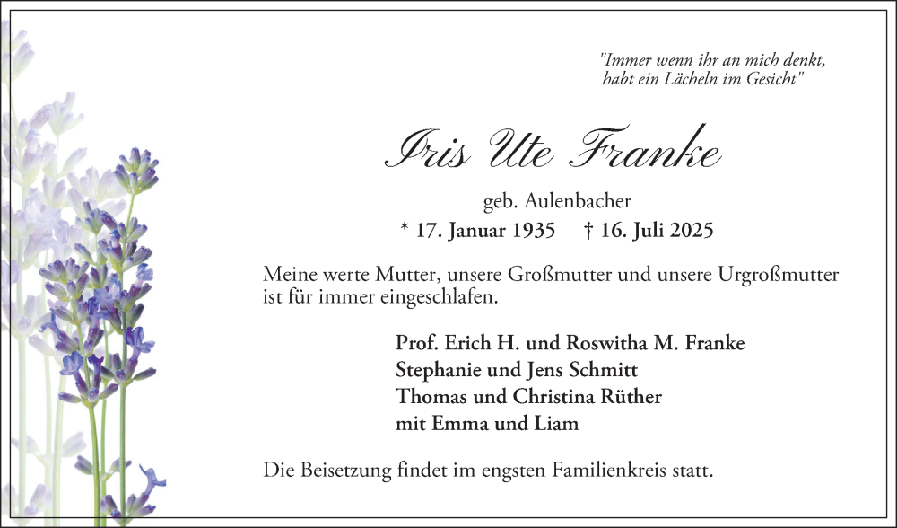  Traueranzeige für Iris Ute Franke vom 02.08.2025 aus Mannheimer Morgen