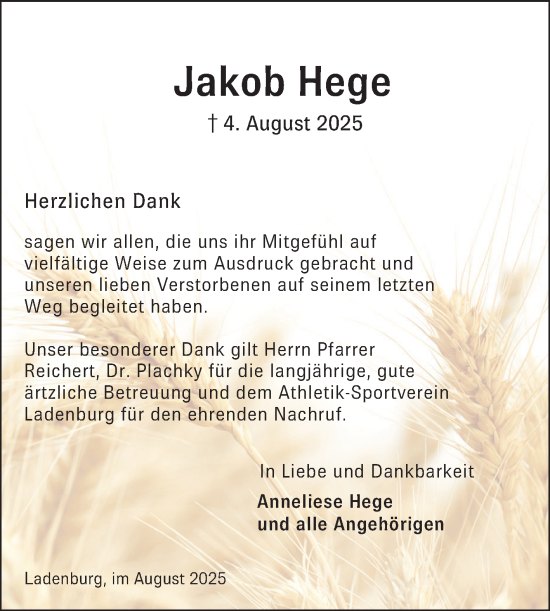 Traueranzeige von Jakob Hege von Mannheimer Morgen