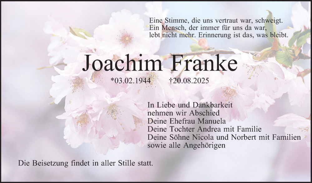  Traueranzeige für Joachim Franke vom 30.08.2025 aus Mannheimer Morgen