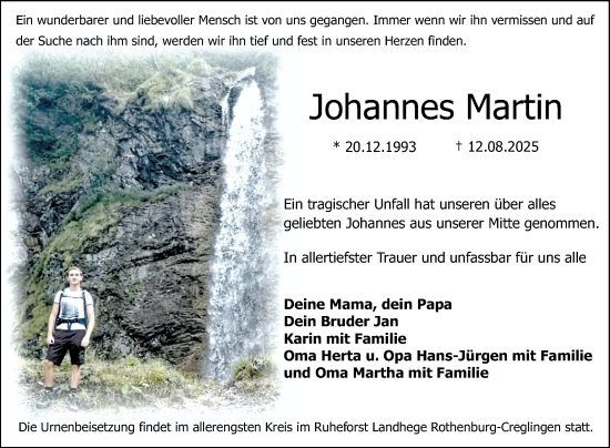 Traueranzeige von Johannes Martin von Fränkische Nachrichten