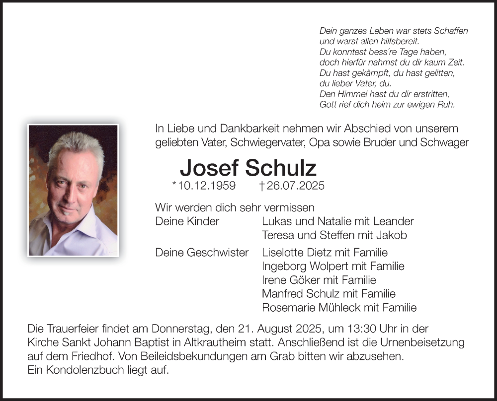  Traueranzeige für Josef Schulz vom 09.08.2025 aus Fränkische Nachrichten