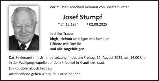 Traueranzeige von Josef Stumpf von Fränkische Nachrichten