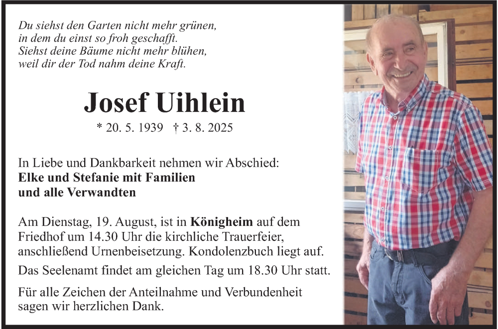  Traueranzeige für Josef Uihlein vom 13.08.2025 aus Fränkische Nachrichten