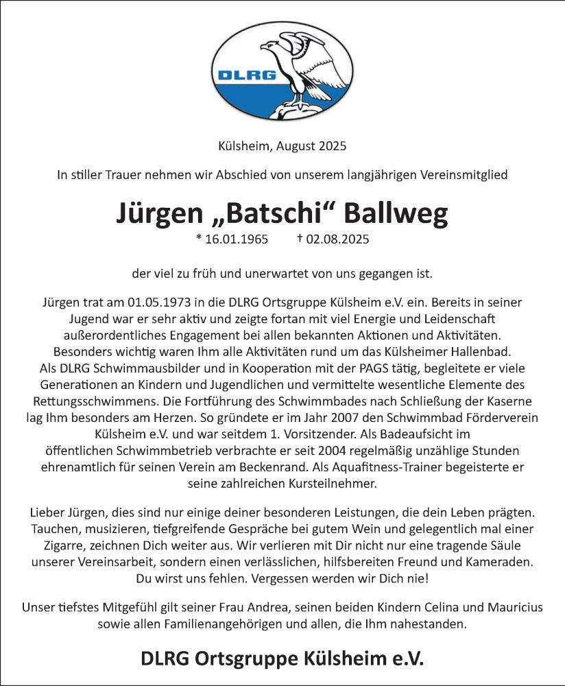  Traueranzeige für Jürgen Ballweg vom 23.08.2025 aus Fränkische Nachrichten