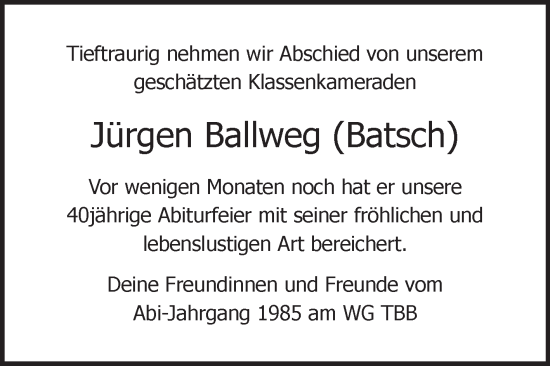 Traueranzeige von Jürgen Ballweg von Fränkische Nachrichten