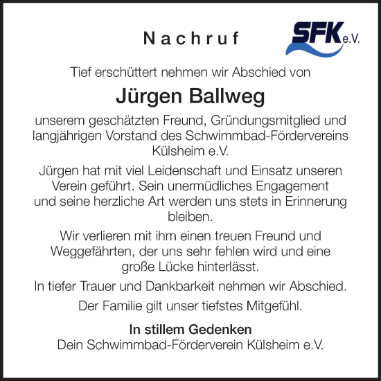 Traueranzeige von Jürgen Ballweg von Fränkische Nachrichten