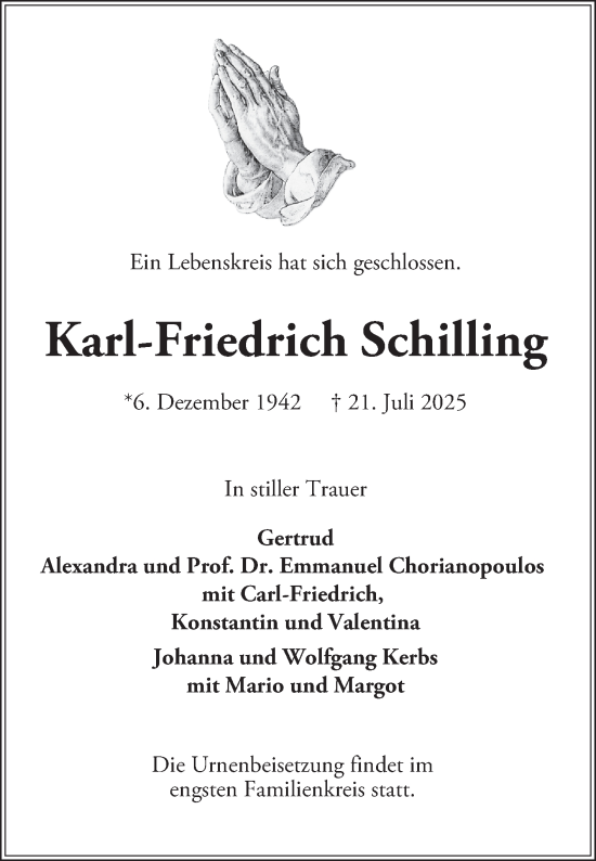 Traueranzeige von Karl-Friedrich Schilling von Mannheimer Morgen