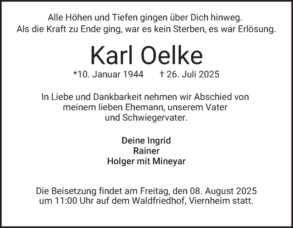  Traueranzeige für Karl Oelke vom 02.08.2025 aus Mannheimer Morgen