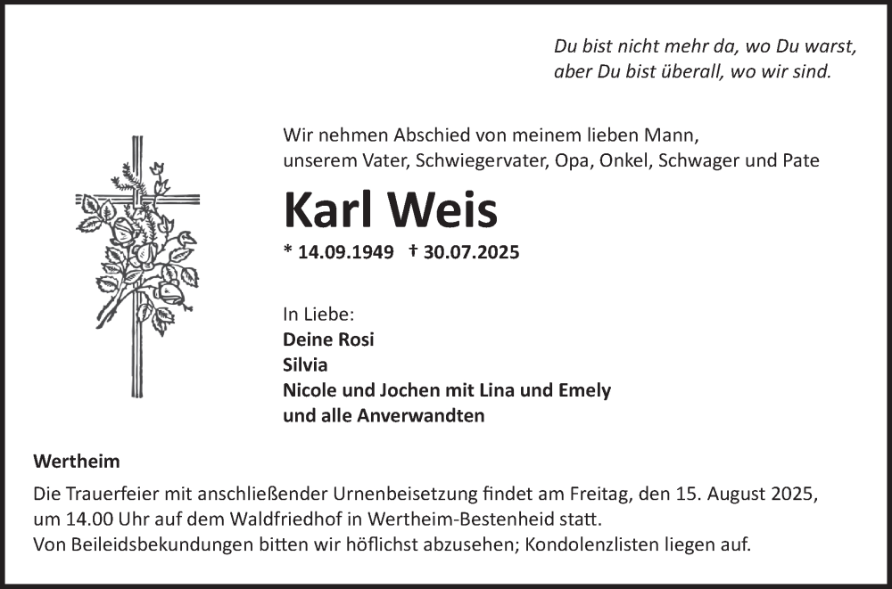  Traueranzeige für Karl Weis vom 09.08.2025 aus Fränkische Nachrichten