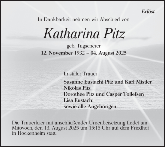 Traueranzeige von Katharina Pitz von Schwetzinger Zeitung