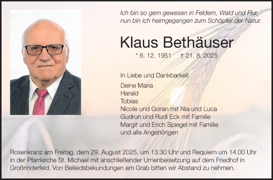 Traueranzeige von Klaus Bethäuser von Fränkische Nachrichten