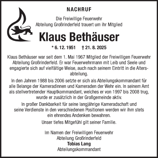 Traueranzeige von Klaus Bethäuser von Fränkische Nachrichten