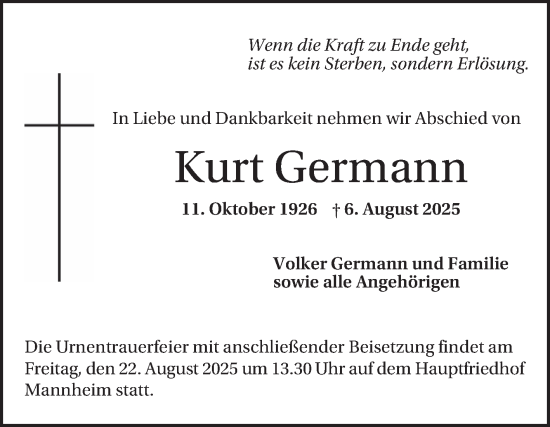 Traueranzeige von Kurt Germann von Mannheimer Morgen