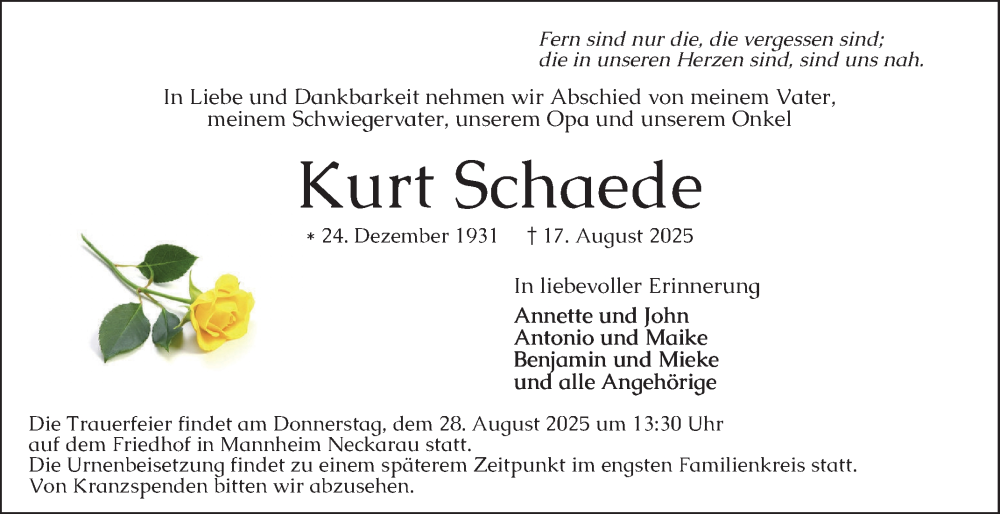  Traueranzeige für Kurt Schaede vom 23.08.2025 aus Mannheimer Morgen