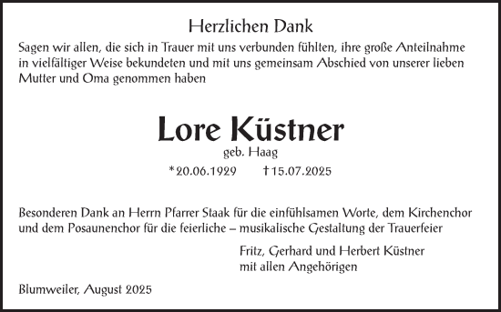 Traueranzeige von Lore Küstner von Fränkische Nachrichten