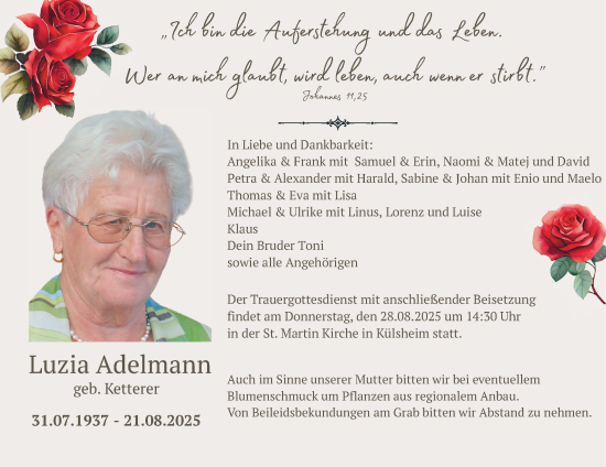 Traueranzeige von Luzia Adelmann von Fränkische Nachrichten