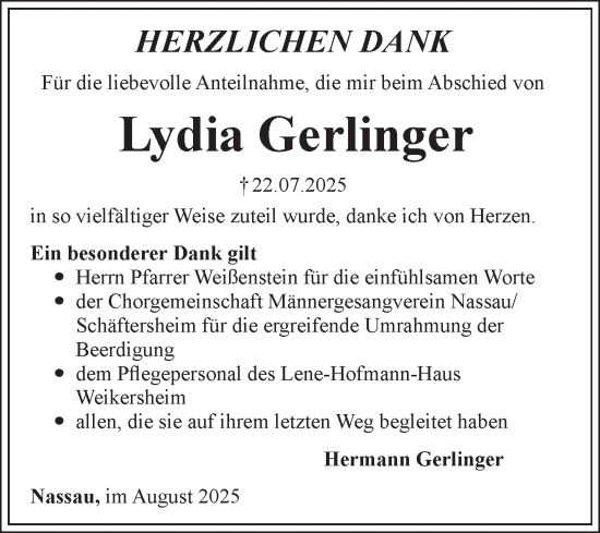 Traueranzeige von Lydia Gerlinger von Fränkische Nachrichten