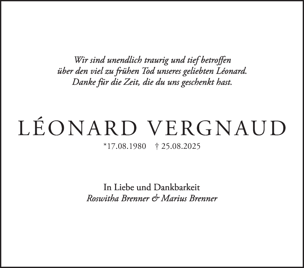  Traueranzeige für Léonard Vergnaud vom 30.08.2025 aus Mannheimer Morgen