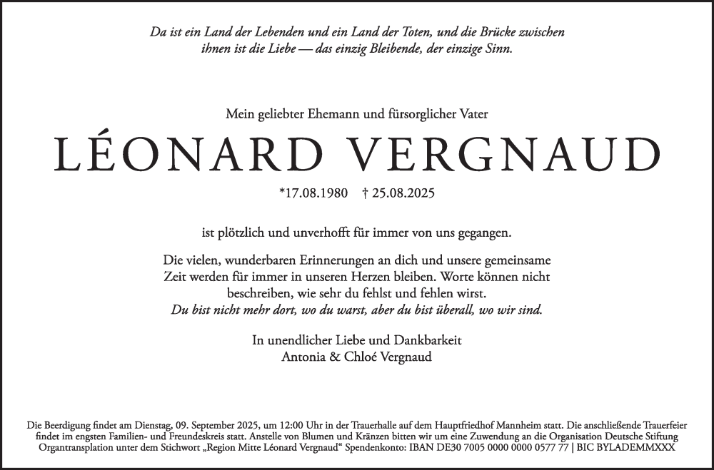  Traueranzeige für Léonard Vergnaud vom 30.08.2025 aus Mannheimer Morgen
