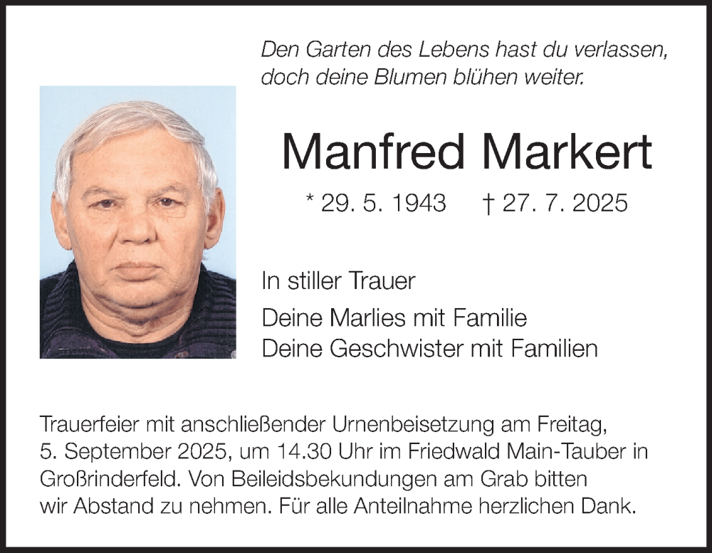  Traueranzeige für Manfred Markert vom 30.08.2025 aus Fränkische Nachrichten