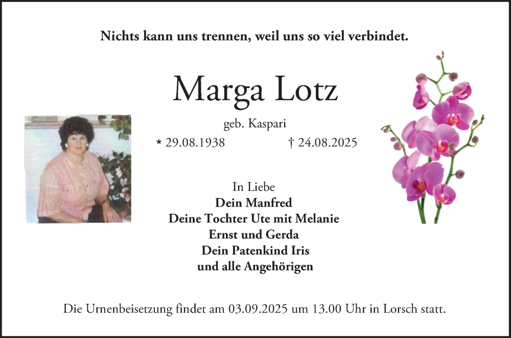 Traueranzeige für Marga Lotz vom 30.08.2025 aus Bergsträßer Anzeiger