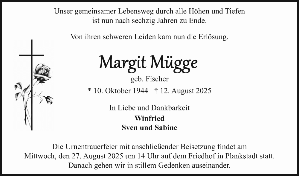  Traueranzeige für Margit Mügge vom 23.08.2025 aus Schwetzinger Zeitung