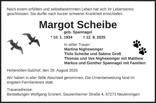 Traueranzeige von Margot Scheibe von Mannheimer Morgen