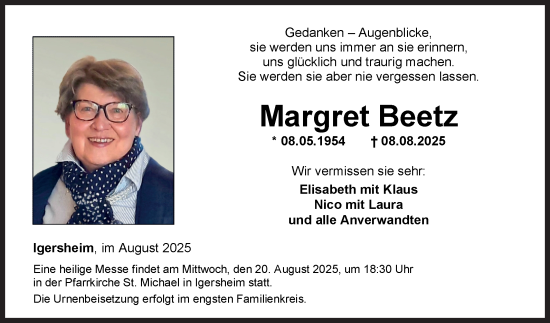 Traueranzeige von Margret Beetz von Fränkische Nachrichten