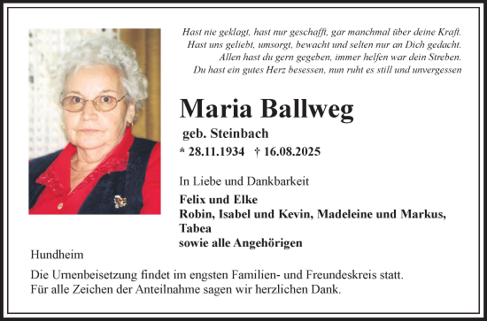 Traueranzeige von Maria Ballweg von Fränkische Nachrichten