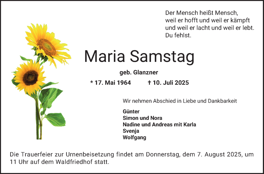  Traueranzeige für Maria Samstag vom 02.08.2025 aus Bergsträßer Anzeiger