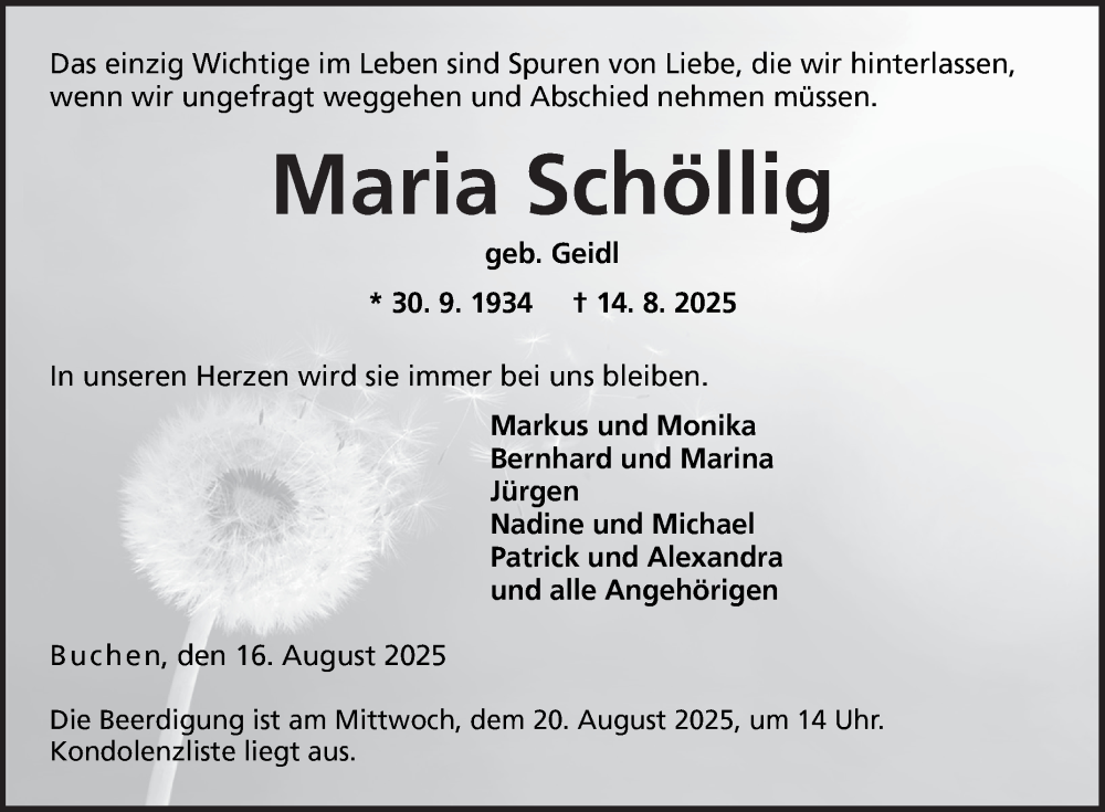  Traueranzeige für Maria Schöllig vom 16.08.2025 aus Fränkische Nachrichten